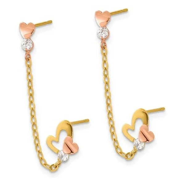 Solid 14K Two-Tone Gold Womens Double Post Butterfly Heart Chain Dangle Earrings